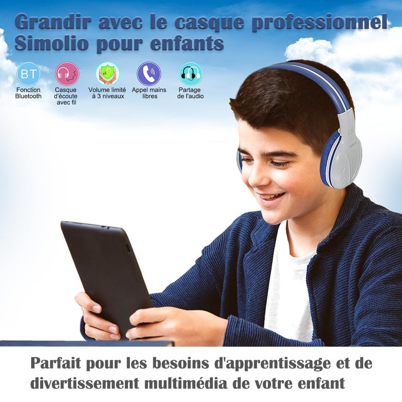 SIMOLIO Kids Bluetooth Headphones Boys with Microphone, 75dB/85dB/94dB Volume Limited Kids Headphones Wireless, Adjustable Foldable Over-Ear Headset for Children School Travel Tablet Airplane Grey - Image 4